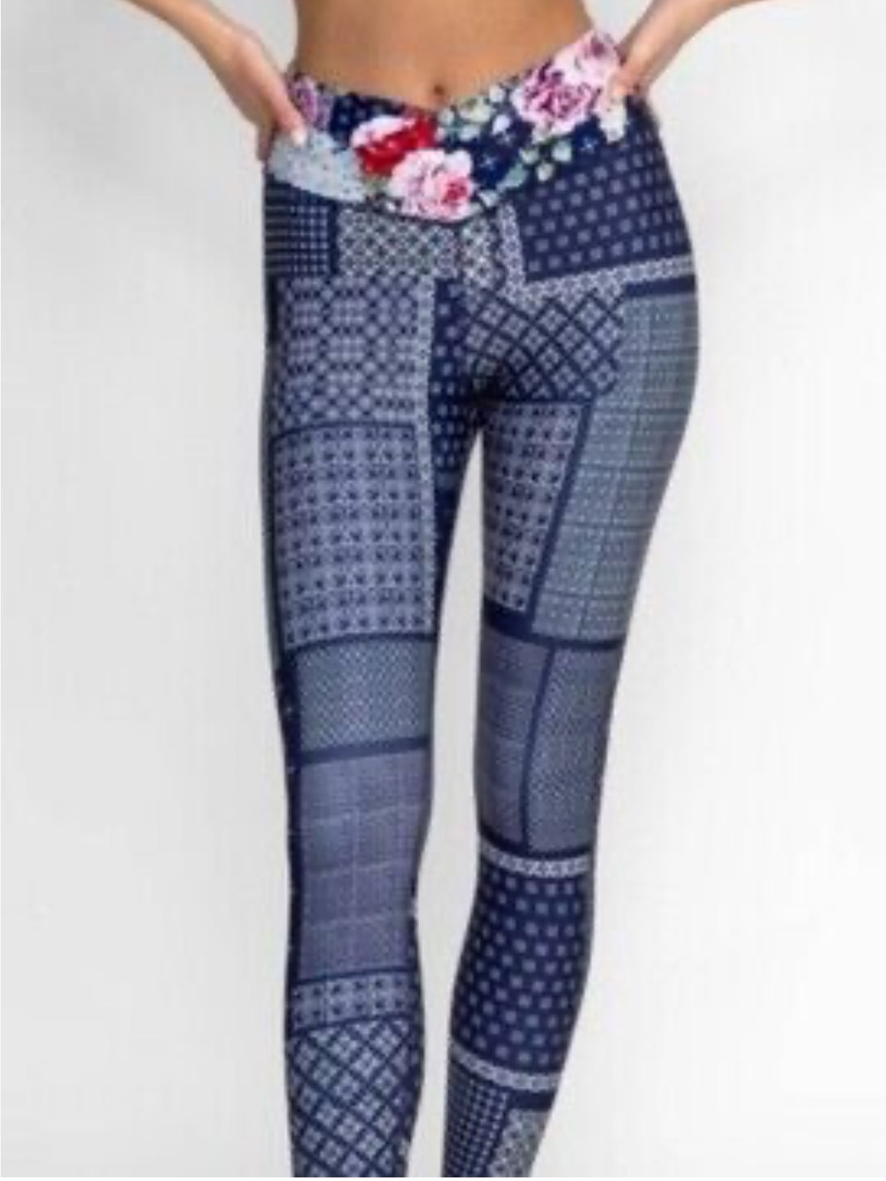 Johnny Was Navy Patchwork Leggings with Floral Waistband